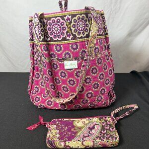 Vera Bradley Quilted Tote Bag Pink Purple Floral + Matching Wristlet Set